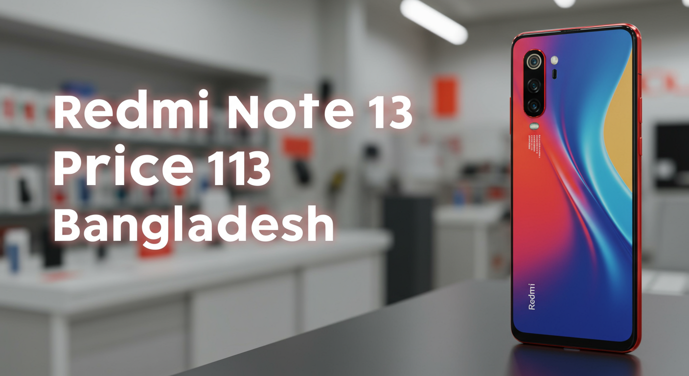 Create a YouTube thumbnail-style image that visually represents the title “Redmi Note 13 Price in Bangladesh”. The image should feature a realistic rendering or photo-style mockup of the Redmi Note 13 smartphone, positioned prominently on the right or center of the image. Use a clean, modern tech background with light gradients or a slightly blurred electronics shop setting to imply a retail environment in Bangladesh. Add bold, attention-grabbing typography text: "Redmi Note 13 Price in Bangladesh" Font size: approximately 30pt or large and dominant Font style: modern, sans-serif, tech-inspired (like Montserrat, Bebas Neue, or similar) Font color: contrasting (white/yellow/red) with light glow or shadow effect for readability Placement: top or left side of the image The overall vibe should be tech-savvy, clean, informative, and eye-catching. Keep color grading slightly cool with some vibrant highlights. Make sure it looks professional and optimized for viewer attention on platforms like YouTube or blog thumbnails.
