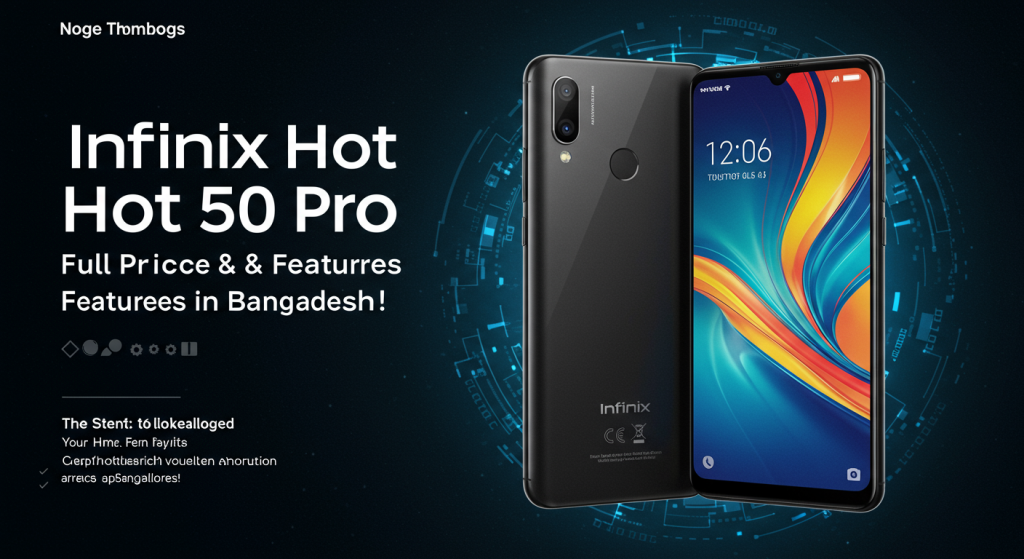 Create a high-resolution thumbnail image for a tech blog or YouTube video. The main subject is the smartphone "Infinix Hot 50 Pro". The background should be modern and tech-inspired, with glowing light effects, abstract digital shapes, or gradients. Place a large, bold title text in the center or top part of the image: "Infinix Hot 50 Pro – Full Price & Features in Bangladesh!". The font should be bold, readable, and stylish, with colors like white, yellow, or red for contrast. Include a realistic render or illustration of the Infinix Hot 50 Pro phone, showing the front and back. Ensure the phone looks glossy and premium. The overall vibe should be eye-catching, clean, and professional to attract clicks.